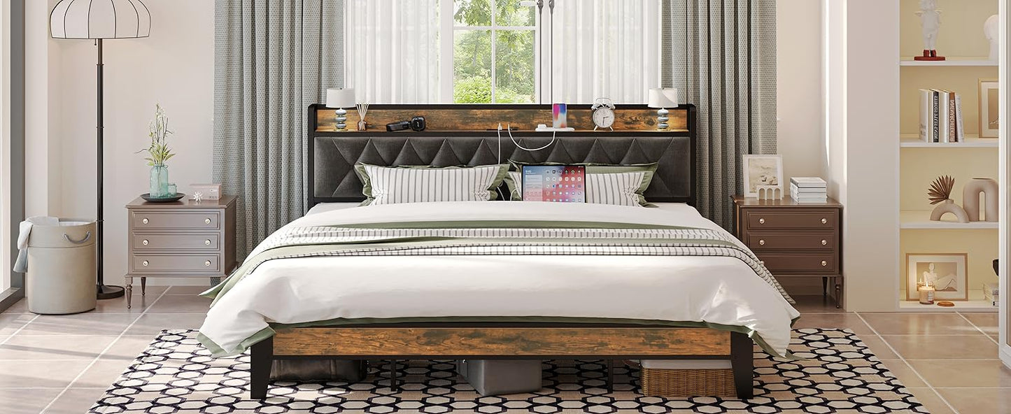 ANCTOR Bed Frame – Twin to California King Sizes, Storage Headboard with Outlets, No Noise, No Box Spring Needed