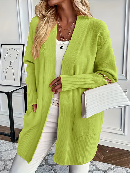Solid Open Front Knit Cardigan - Casual Long Sleeve Loose Sweater with Pockets, Women's Clothing