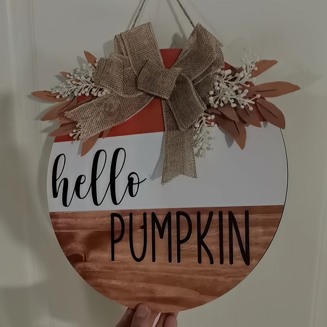Rustic Wooden Hello Pumpkin Sign – Round Autumn Door Hanger with Bow and Foliage for Fall Harvest Home Decor