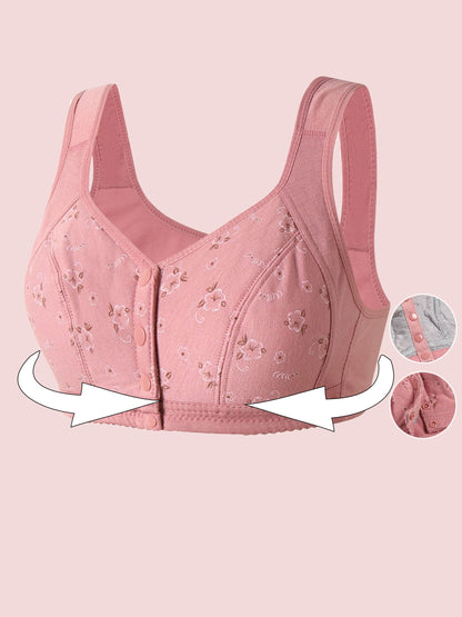 Plus Size Women's Elegant Romance Bra – Wireless, Non-Padded, Front Button Closure – Slight Stretch, Random Floral Print – Comfortable, Breathable Polyester Knit Fabric