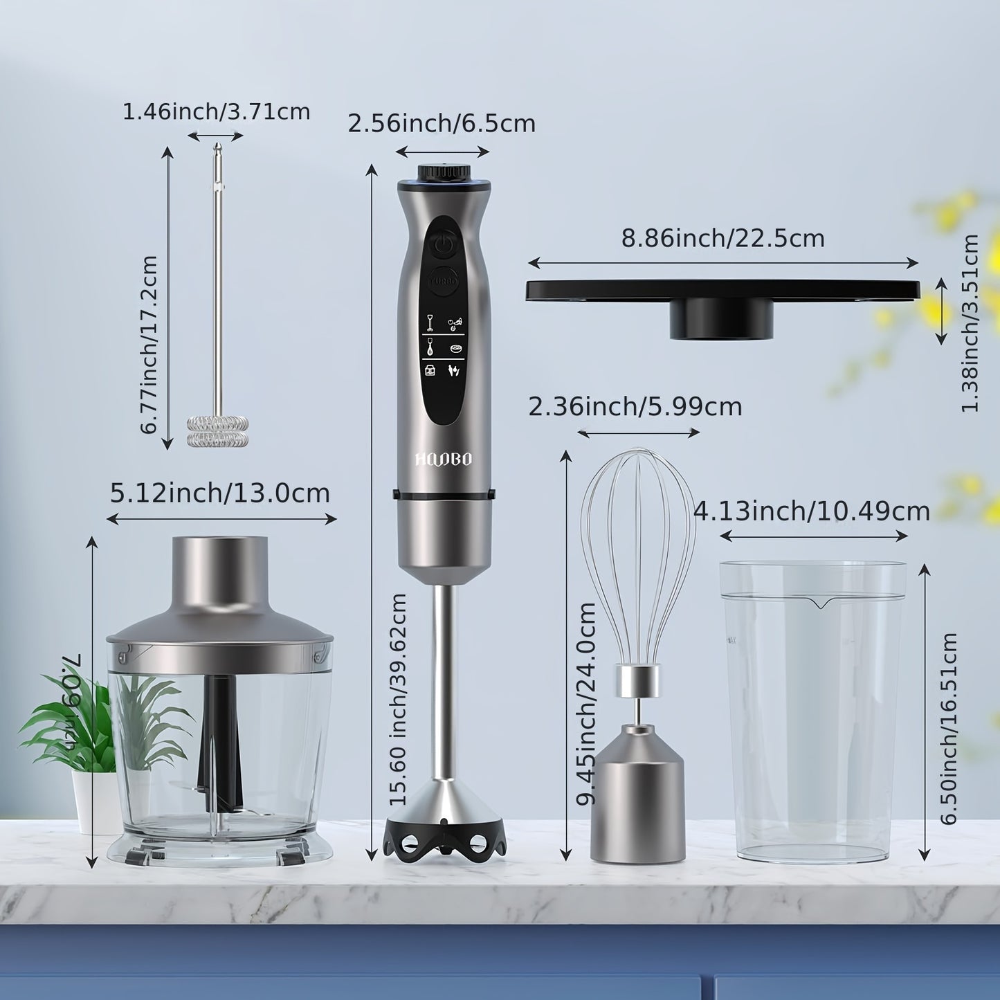 1000W Immersion Blender – Handheld, Powerful, Scratch-Resistant, Variable Speed and Turbo Mode, Low-Noise, Includes Beaker, Chopper, Whisk, Milk Frother