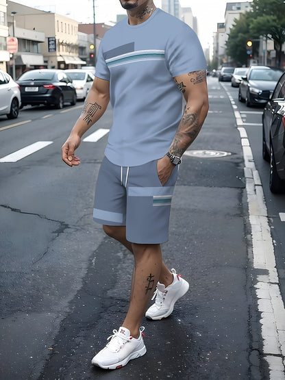 2-Piece Men's Color Blocked Summer Co-ord Set – Short Sleeve Crew Neck T-Shirt and Drawstring Shorts with Pockets