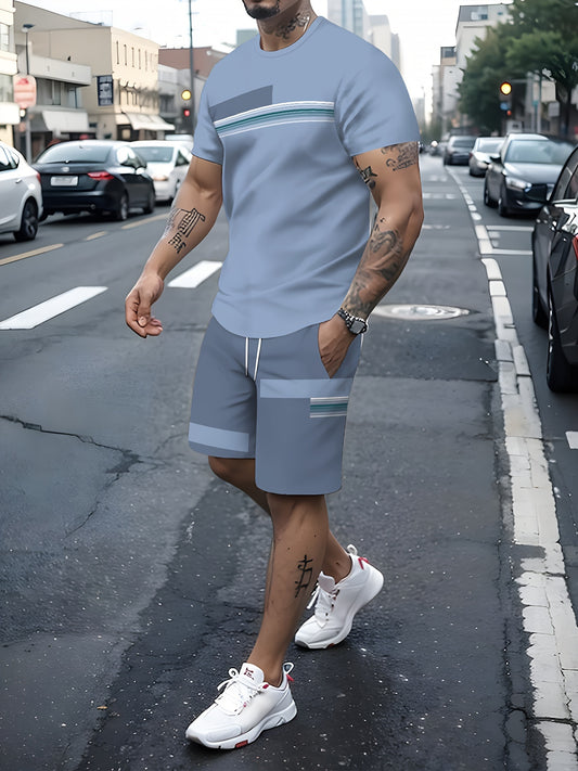 2-Piece Men's Color Blocked Summer Co-ord Set – Short Sleeve Crew Neck T-Shirt and Drawstring Shorts with Pockets