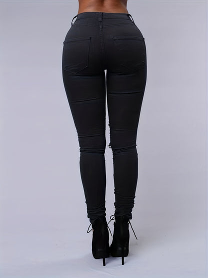 Women's Ripped High-Stretch Distressed Jeans – Slim Fit Solid Color Denim Pants with Zipper Button Closure