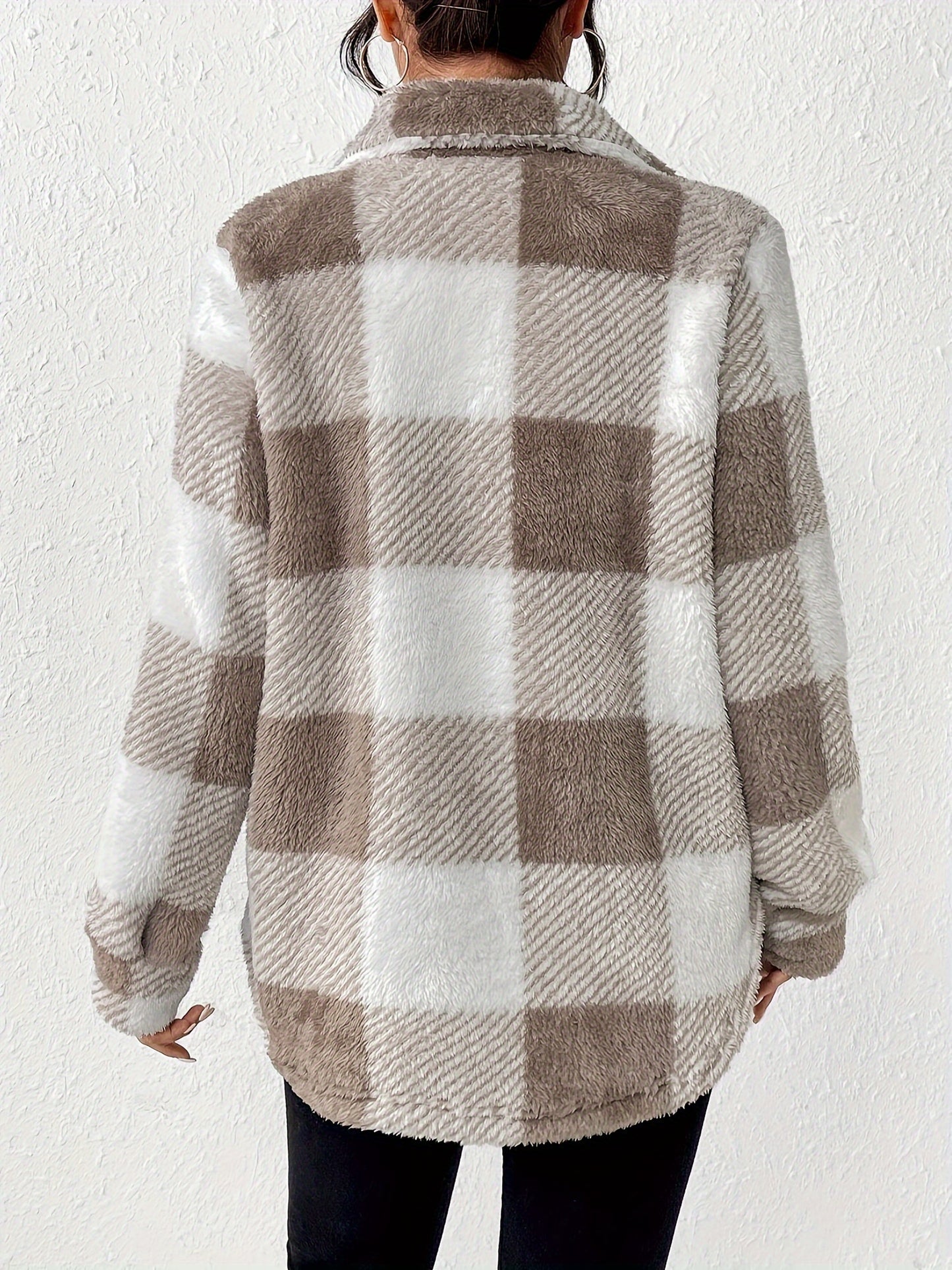 Plaid Pattern Button-Front Fuzzy Coat – Elegant Long Sleeve Warm Outerwear for Fall & Winter, Women's Clothing