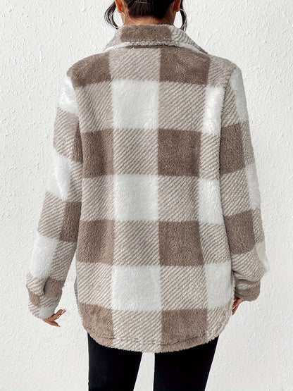 Plaid Pattern Button-Front Fuzzy Coat – Elegant Long Sleeve Warm Outerwear for Fall & Winter, Women's Clothing