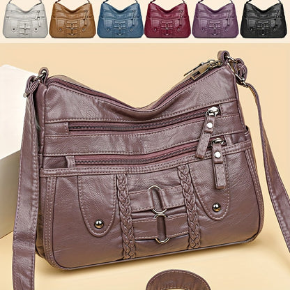 Retro Rivet Crossbody Bag for Women - PU Leather Multi-Zipper Messenger Bag