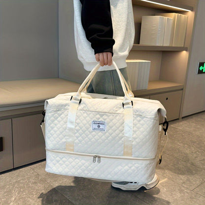 Large Capacity Travel Duffel Bag with Shoe Compartment - Nylon Gym Bag with Cosmetic Pouch, Pull-Out Cover, Hand Washable - Ideal for Weekend and Overnight Trips, Random Print