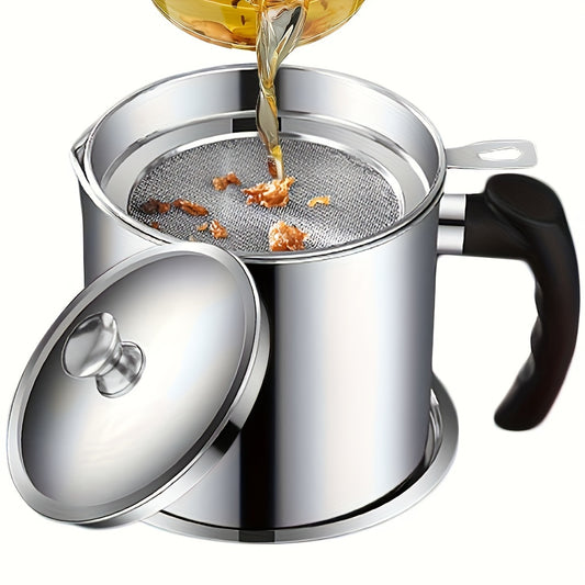 Stainless Steel Oil Filter Pot with Strainer - 60oz Kitchen Grease Separator, Durable Residue Storage Tank for Home and RV