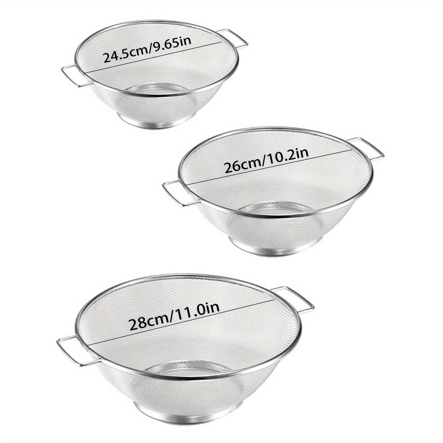 3pcs Stainless Steel Drain Basket Set - Fine Mesh Colanders with Handles for Pasta, Vegetables, Rice, and Fruit, Essential Kitchen Accessories