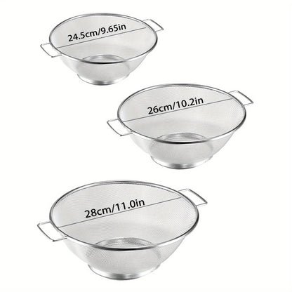 3pcs Stainless Steel Drain Basket Set - Fine Mesh Colanders with Handles for Pasta, Vegetables, Rice, and Fruit, Essential Kitchen Accessories