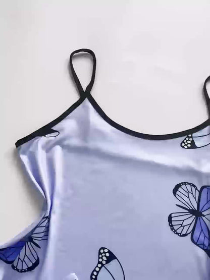 Butterfly Print Pajama Set for Women - Soft Micro Elasticity, Sleeveless Crew Neck Cami Top, Elastic Waistband Shorts, Random Pattern - Comfortable All-Season Sleepwear and Loungewear