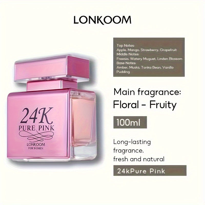 24K PURE PINK Eau De Parfum for Women - 3.38oz Floral Fruity Fragrance, Refreshing & Long-Lasting, Perfect for Dating & Daily Life, Gift for Her