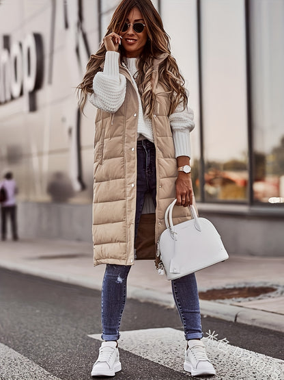 Women's Button Front Hooded Coat - Casual Sleeveless Long Length Outerwear
