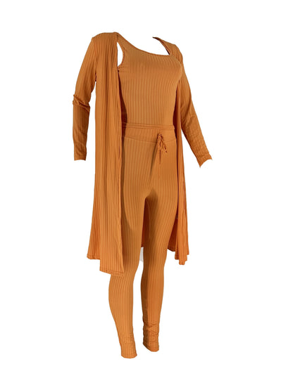 Women's Ribbed Solid Three-Piece Set - Open Front Long Sleeve Cardigan, Tank Top, and Lace-Up Pants Outfit