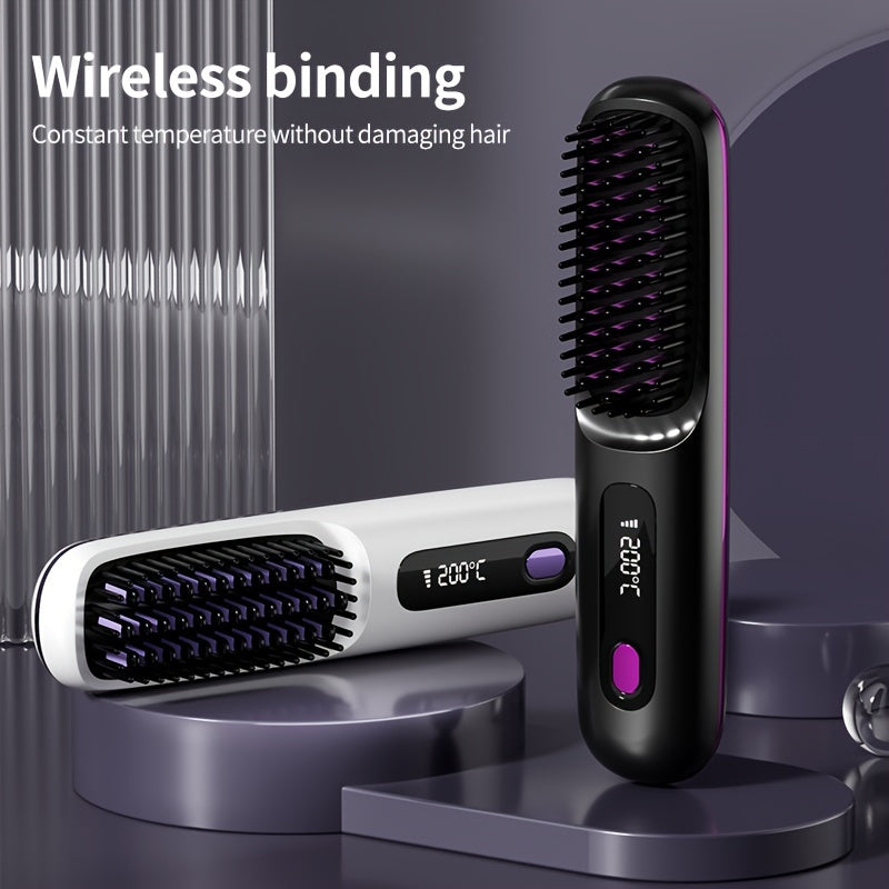 Wireless Hair Straightener Brush - 7.87x1.77x1.18 Inches, 3 Temperature Settings, LED Display, USB Rechargeable, 36V Max, 2000mAh Battery - Professional Styling Tool for Home and Travel