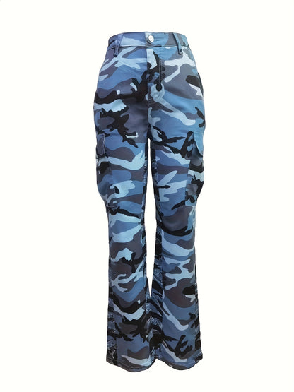 Fashionable High-Waist Camouflage Cargo Jeans – Sleek Straight Fit with Medium Stretch & Stylish Flap Pockets – Trendy High-Rise Denim Pants for Women