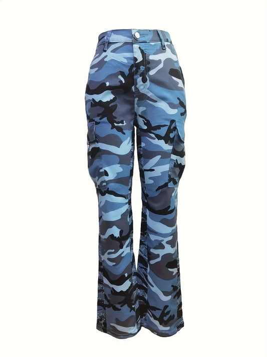 Fashionable High-Waist Camouflage Cargo Jeans – Sleek Straight Fit with Medium Stretch & Stylish Flap Pockets – Trendy High-Rise Denim Pants for Women