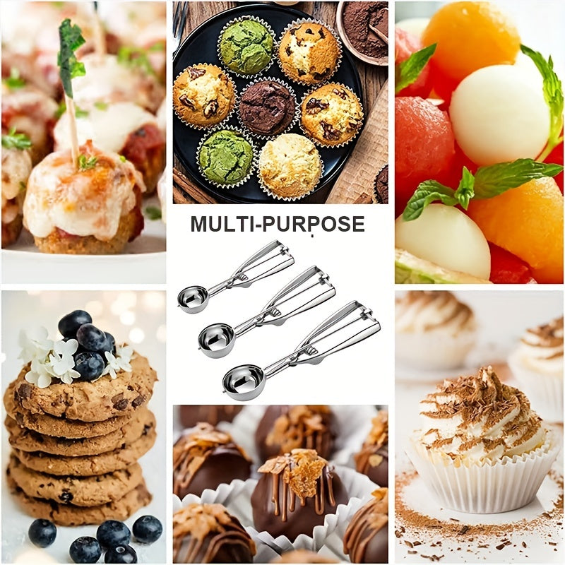 3 Piece Stainless Steel Ice Cream & Cookie Dough Scoops Set with Trigger Release – Silver Cupcake & Fruit Scoop for Baking
