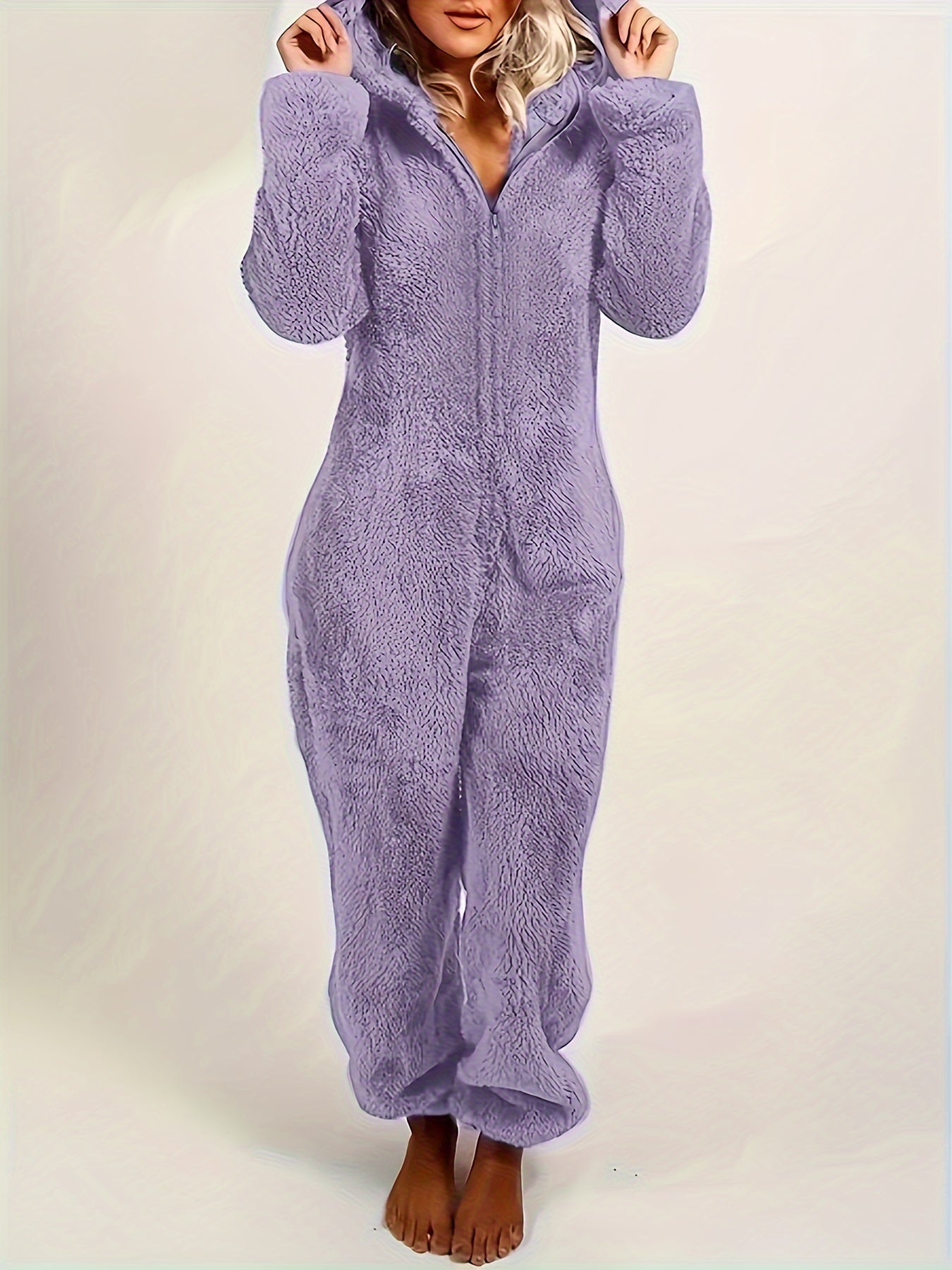Fuzzy Hooded Pajama Jumpsuit for Music Festivals – Comfy and Cute Long Sleeve Zipper Pajamas – Women's Lingerie and Sleepwear
