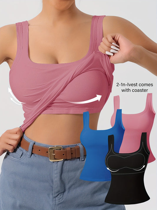 Women's 3-Piece Ribbed U-Back Tank Tops – Slim Fit with Removable Pads, Solid Colors, Casual Layering and Outerwear Camisoles