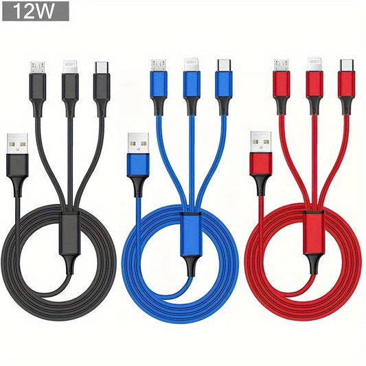 3-in-1 USB Charging Cable - iPhone/Type-C/Micro USB, Charger Cable for iPhone 14/13/12 Pro Max Xs, Samsung, Redmi, OnePlus, Xiaomi USB-C Mobile Phones
