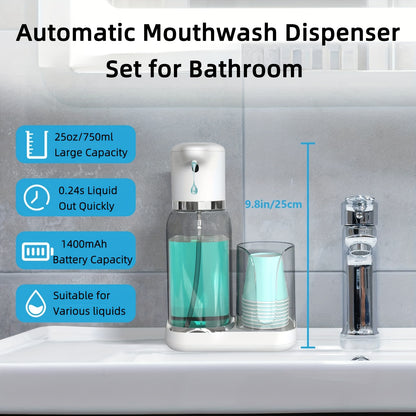 Automatic Mouthwash Dispenser – Smart Rinse Pump with Cup Holder, Infrared Sensor, 2 Dispense Levels, Rechargeable for All Ages