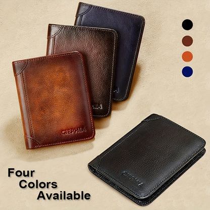 RFID Blocking Trifold Genuine Leather Wallet for Men – Vintage Cowhide, Multi-Function Credit Card Holder with Money Clip and 2 ID Windows