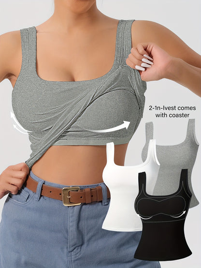 Women's 3-Piece Ribbed U-Back Tank Tops – Slim Fit with Removable Pads, Solid Colors, Casual Layering and Outerwear Camisoles