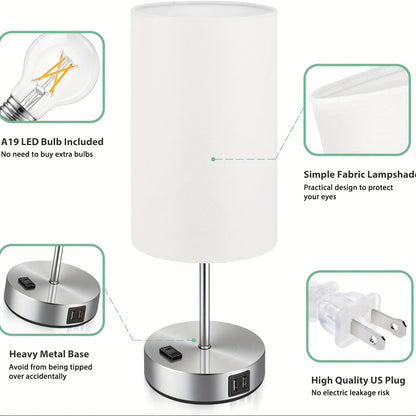 Set of 2 Touch Control Table Lamps with USB Ports and AC Outlet – 3 Way Dimmable Bedside Lamps with White Fabric Shade for Bedroom and Living Room, A19 LED Bulbs Included