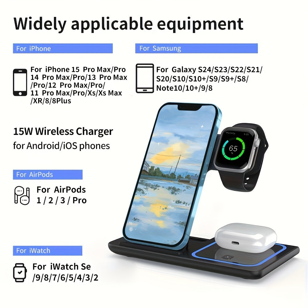 3-in-1 Wireless Charging Station: 15W Fast Mag-Safe Charger Stand with QC3.0 Adapter for iPhone 15/14/13/12/11, x 8 Pro Max/Pro/Mini/Plus, iWatch Ultra 9/8/7/6/5/4/3/2, AirPods 3/2