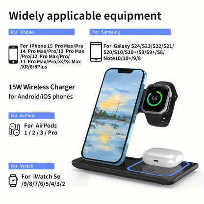 3-in-1 Wireless Charging Station: 15W Fast Mag-Safe Charger Stand with QC3.0 Adapter for iPhone 15/14/13/12/11, x 8 Pro Max/Pro/Mini/Plus, iWatch Ultra 9/8/7/6/5/4/3/2, AirPods 3/2