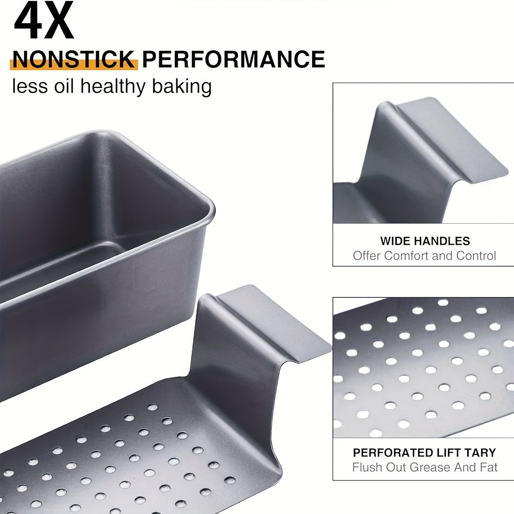2 Piece Non-Stick Meatloaf Pan Set with Drain Tray - Reduces Fat, Enhances Flavor, Perfect for Baking & Bread Making