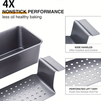 2 Piece Non-Stick Meatloaf Pan Set with Drain Tray - Reduces Fat, Enhances Flavor, Perfect for Baking & Bread Making
