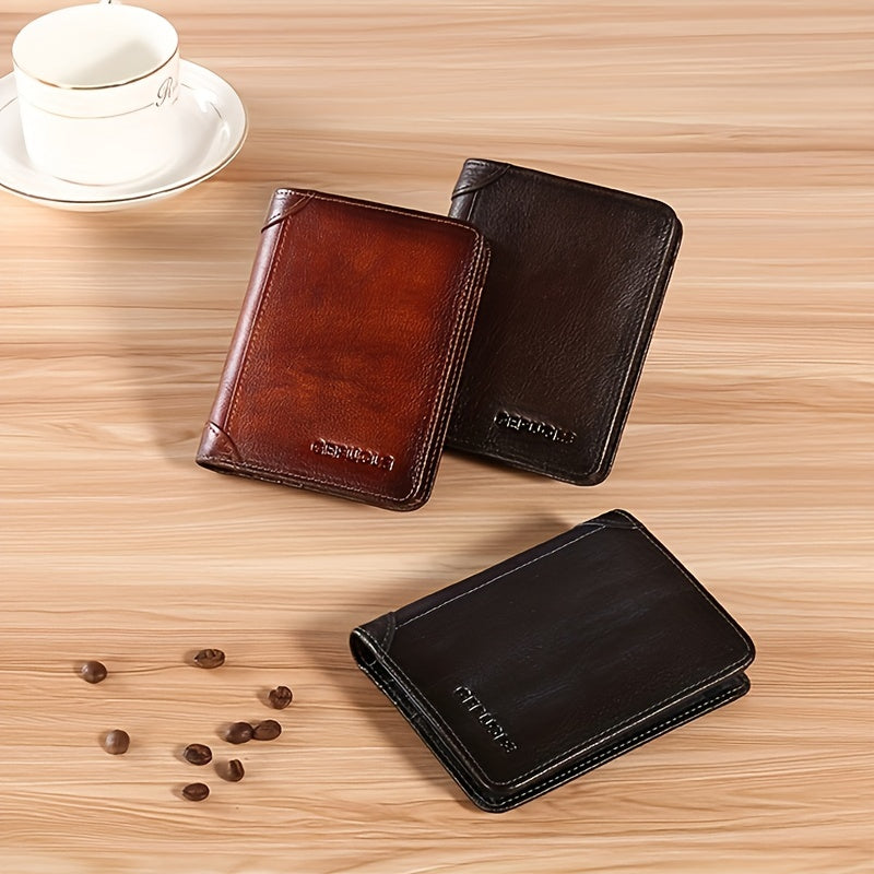 Men's Vintage Top Layer Cowhide RFID Blocking Wallet – Thin, Multi-Function ID & Credit Card Holder, Gradient Design, Perfect for Father's Day Gift