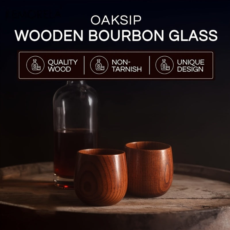 KEMORELA Wooden Bourbon Glass Set - 2/4/6 Pieces, Quality Oak Wood, Non-Tarnish, Unique Design - Ideal for Whiskey, Cocktails - Great Men's Gift for Birthdays and Festive Occasions