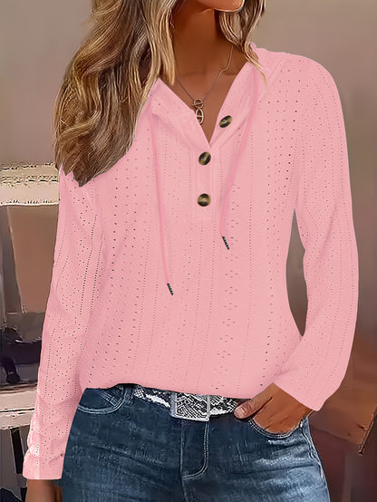 Solid Color Button Eyelet Hoodie – Casual Long Sleeve Drawstring Sweatshirt – Women's Clothing