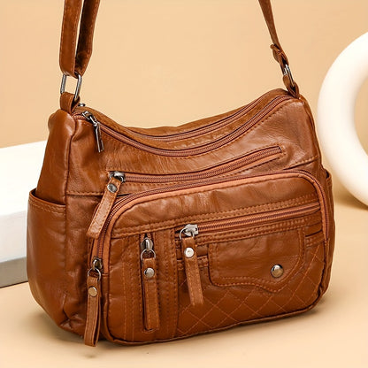 Fashion Multi-Zipper Crossbody Bag – Soft Vegan Leather Shoulder Bag with Multiple Pockets – Women's Handbag Purse