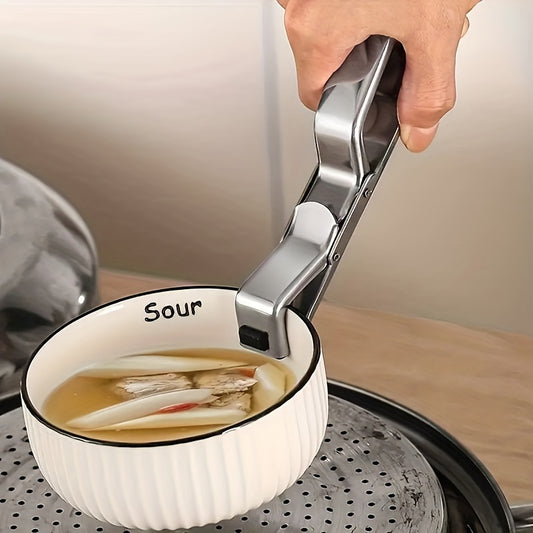 Stainless Steel & Silicone Anti-Scald Bowl Gripper – Multi-Functional Kitchen Hot Plate Holder – Universal Pan Dish Lifter – Food Retriever for Microwave and Oven Safe Handling