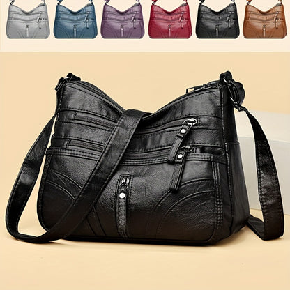 Women's Soft Faux Leather Crossbody Bag - Casual Style Shoulder Purse with Multi Pockets, Adjustable Strap, and Zipper Closure