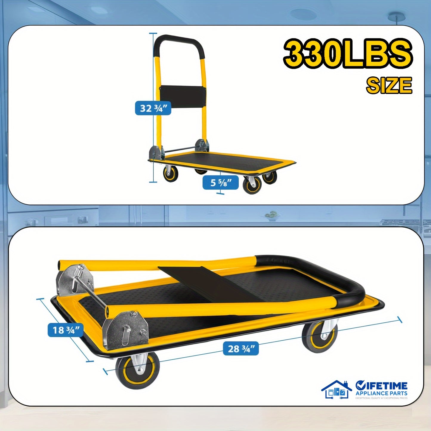 Heavy-Duty Large Foldable Push Cart Dolly - 330/660 Lbs Capacity, Collapsible Steel Flat Bed Wagon with Swivel Handle, Blue, White/Black, Yellow - Ideal for Moving & Transport