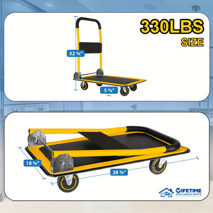 Heavy-Duty Large Foldable Push Cart Dolly - 330/660 Lbs Capacity, Collapsible Steel Flat Bed Wagon with Swivel Handle, Blue, White/Black, Yellow - Ideal for Moving & Transport