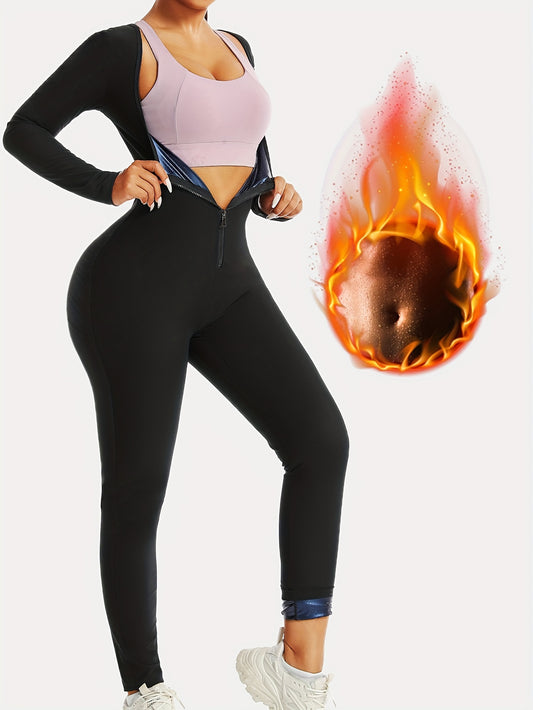Women's Sauna Sweat Suit – Long Sleeve One-Piece Body Shaper, Thermal Workout Jumpsuit with Zipper for Running and Gym