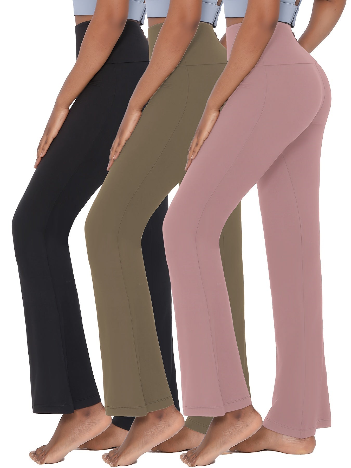 3 Pack Women's High-Waisted Flare Pants with Tummy Control – Soft Yoga, Workout & Running Bell Bottoms