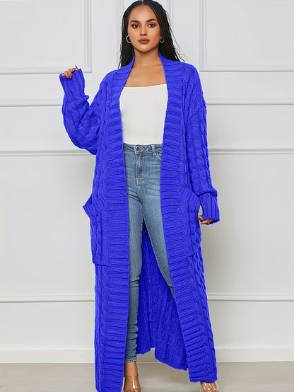 Long Length Cable Knit Cardigan – Elegant Solid Long Sleeve Sweater with Pockets – Women's Clothing