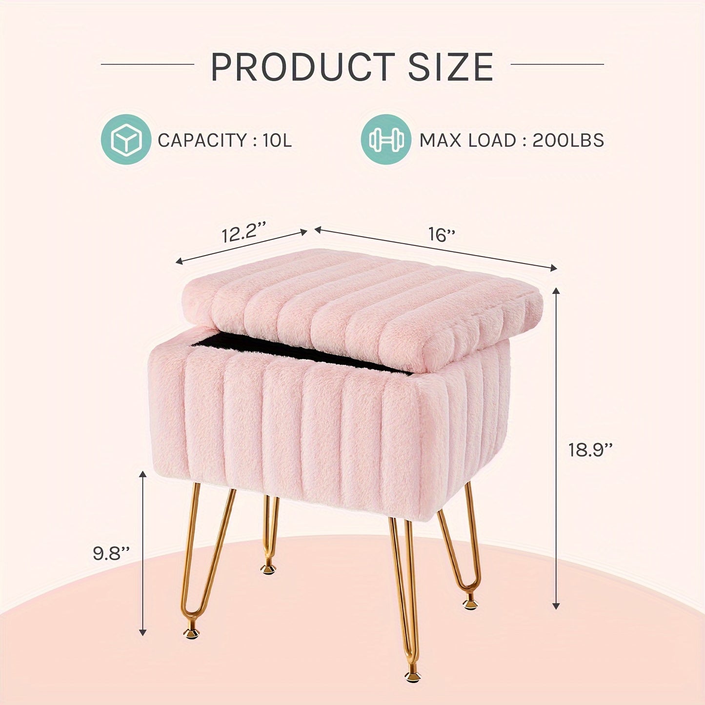 Luxurious Faux Fur Vanity Storage Ottoman Chair - Metal Legs, Flip-Top Foot Rest, Soft Padded Seat, Ample Storage