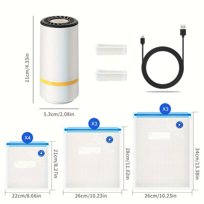 Handheld Electric Vacuum Machine with Food Vacuum Storage Bags – Includes 3 Sizes (4x8.5", 3x11", 3x13.5"), Vacuum-Sealed Zipper Bags, and Electric Pump