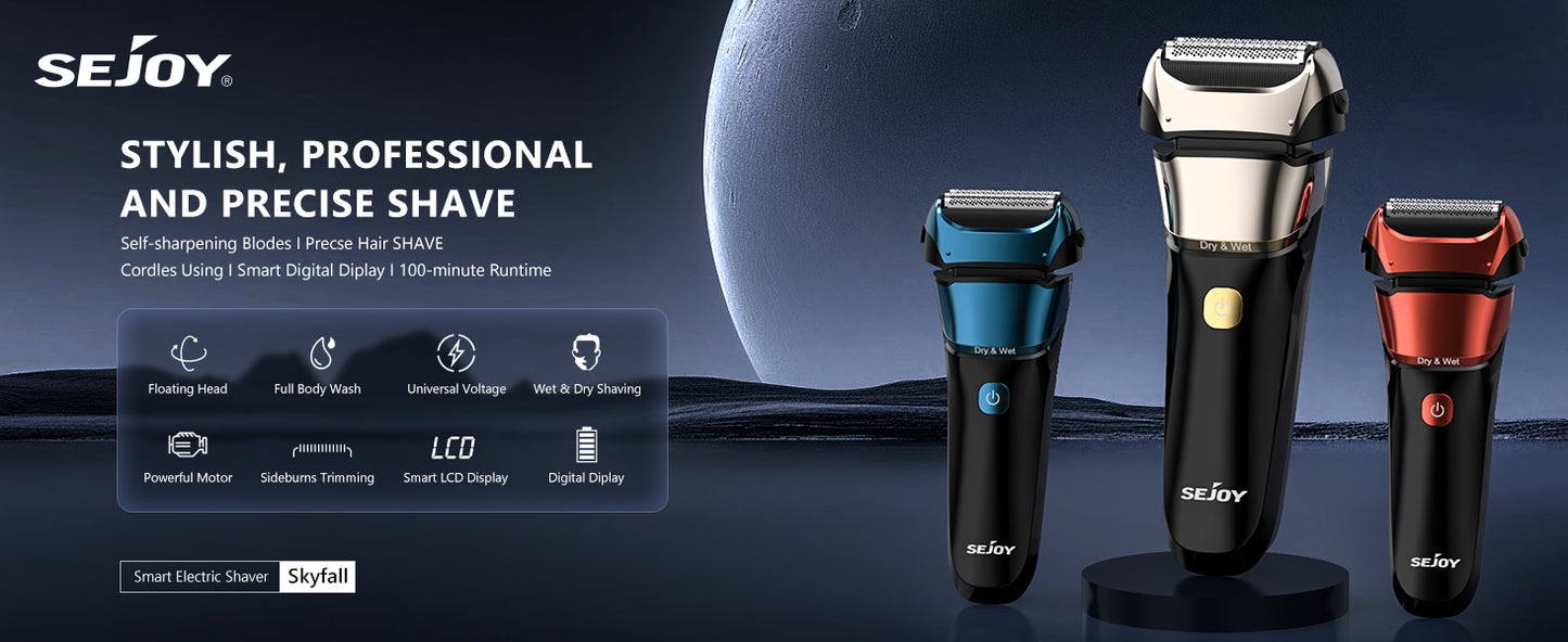 Sejoy Electric Razor for Men – 3-Blade Foil Shaver with 7500 RPM High-Speed Motor & Digital Power Display