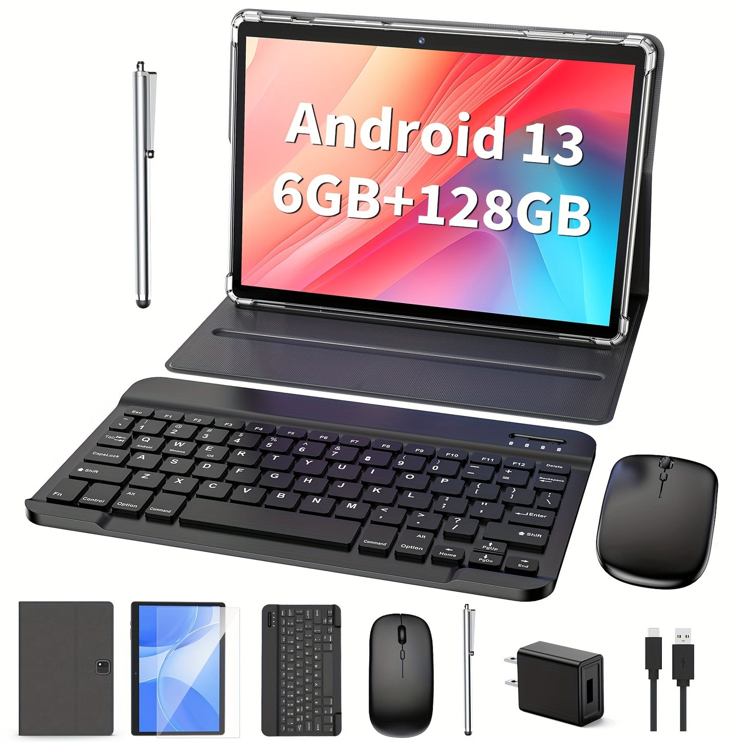10 Inch 2-in-1 Tablet PC – 6GB RAM, 128GB Storage, 1TB Expandable, Android 13, Includes Case, Mouse, Stylus, 8000mAh Battery, 2.4G/5G WiFi, GPS
