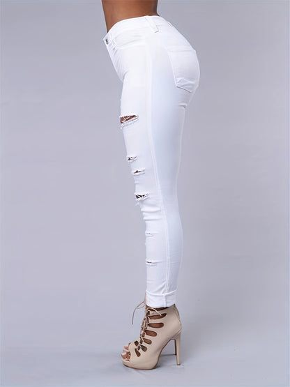 Women's Ripped High-Stretch Distressed Jeans – Slim Fit Solid Color Denim Pants with Zipper Button Closure